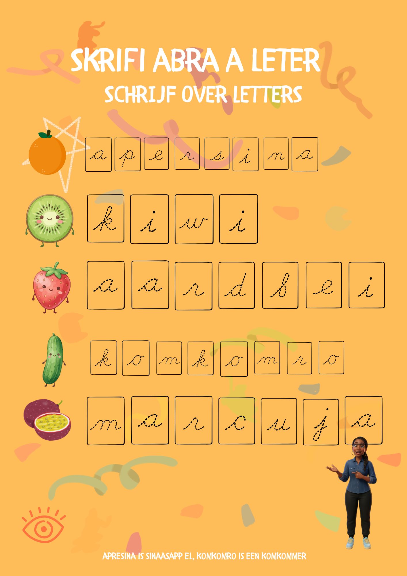 kinderboek met Surinaamse woorden, spellen en oprdrachten