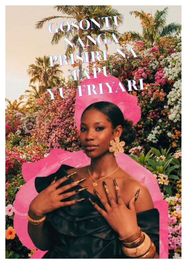 Wenskaart - Friyari | Wenskaart met Surinaamse zin "Gosontu nanga prisiri"