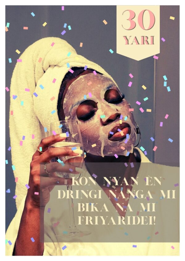 Wenskaart - Friyari | Wenskaart met Surinaamse zin "Kon nyan èn dringi nanga mi"