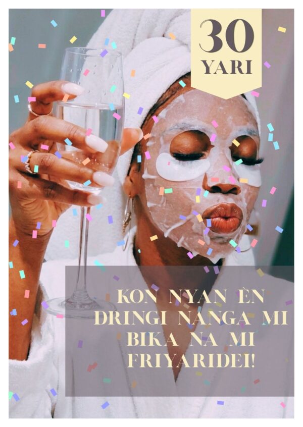 Wenskaart - Friyari | Wenskaart met Surinaamse zin "Kon nyan èn dringi nanga mi"